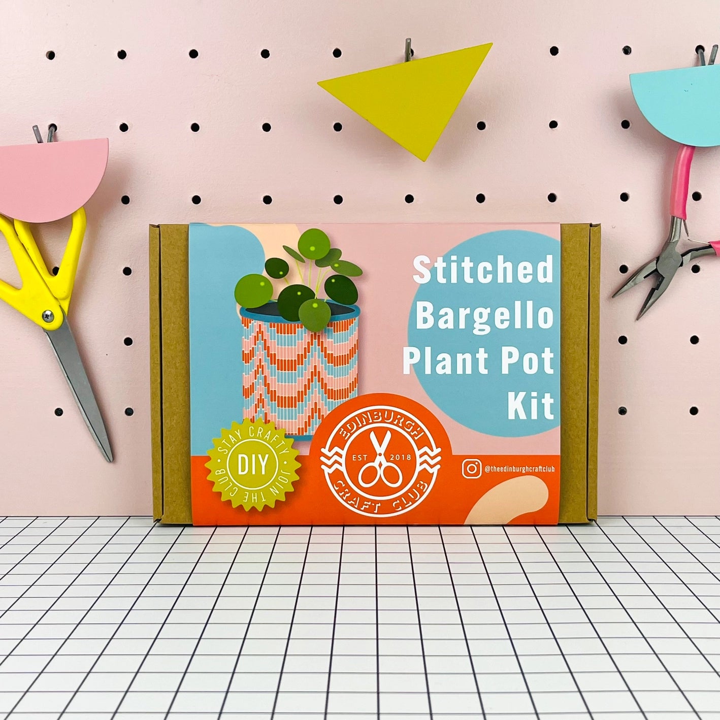 Stitched Bargello Plan Pot Kit kraft box packaging with orange and blue labelling
