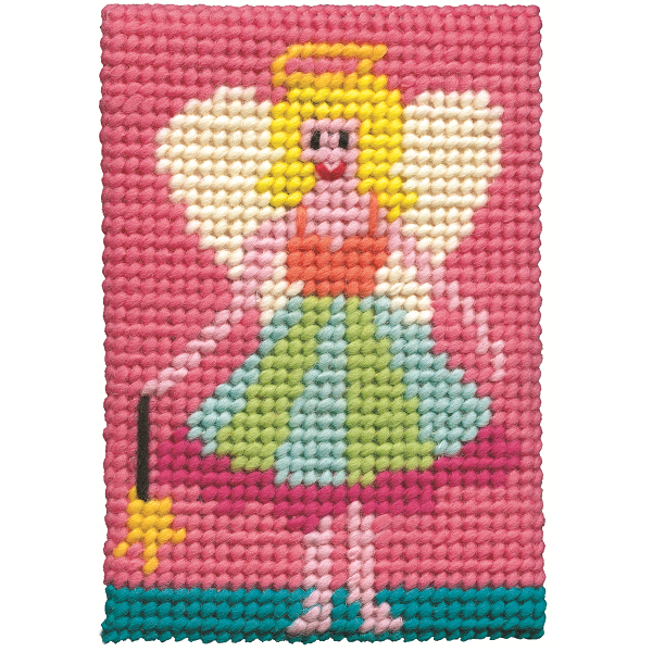 Close-up of completed fairy tapestry kit on pink background