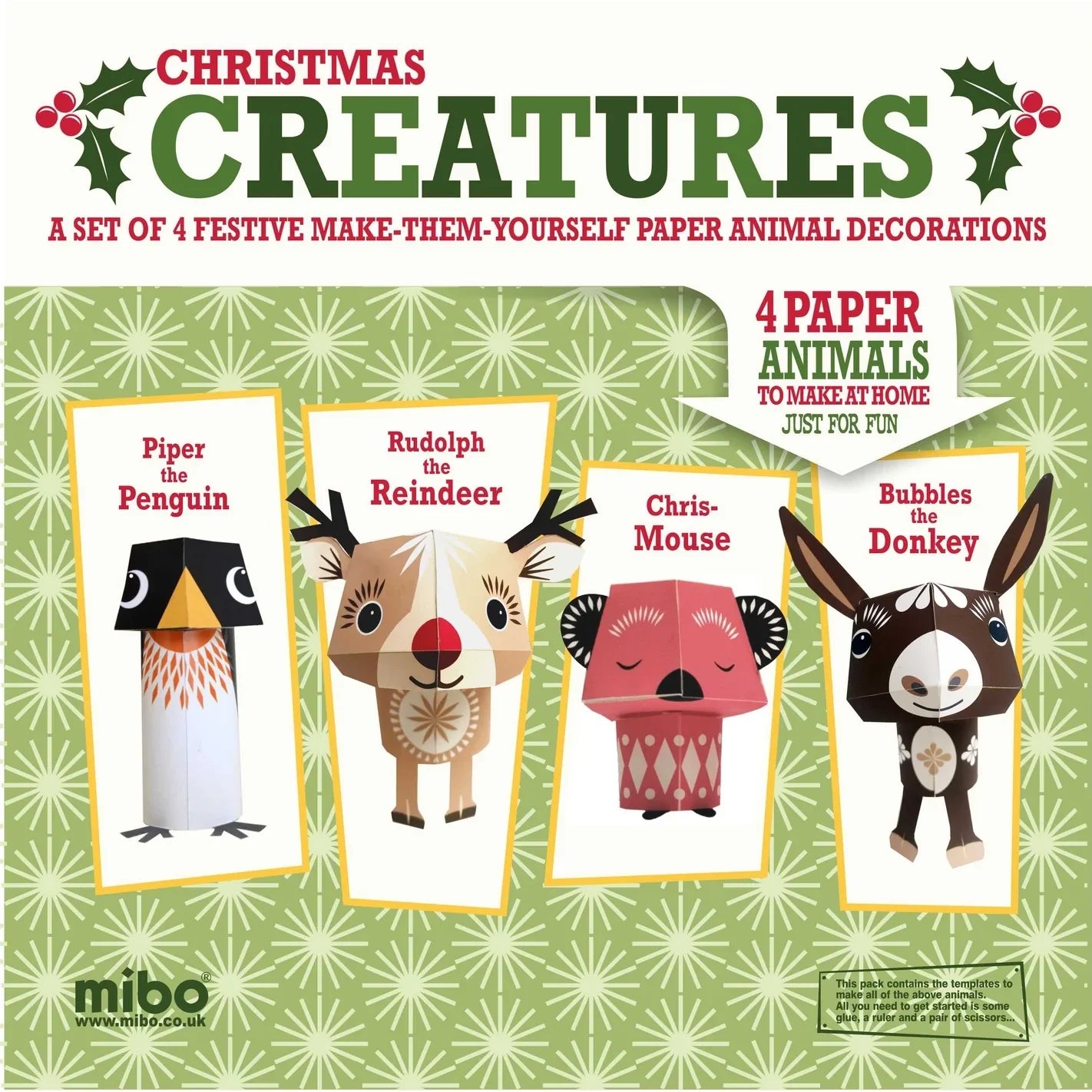 Packaging for a set of four festive paper animal decorations, shown on a green patterned background