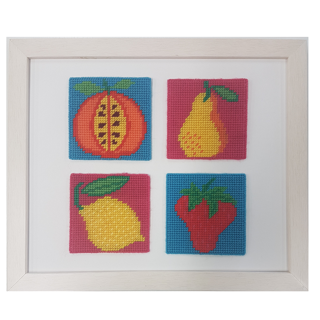Set of four fruit loop needlepoint kits in box frame