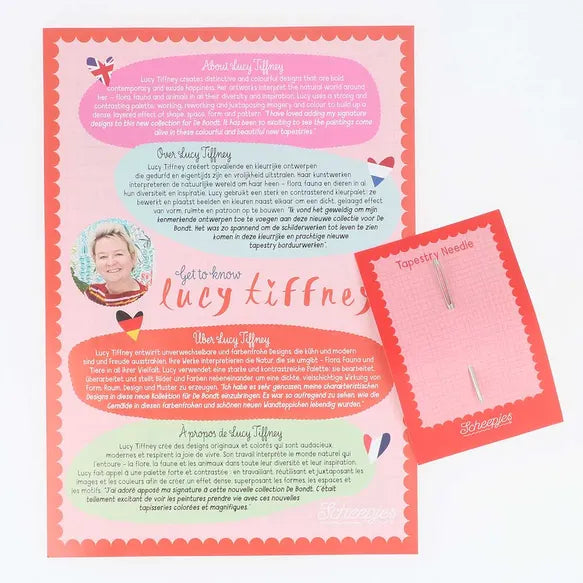 Lucy Tiffney product card with text and needle packaging on a white background