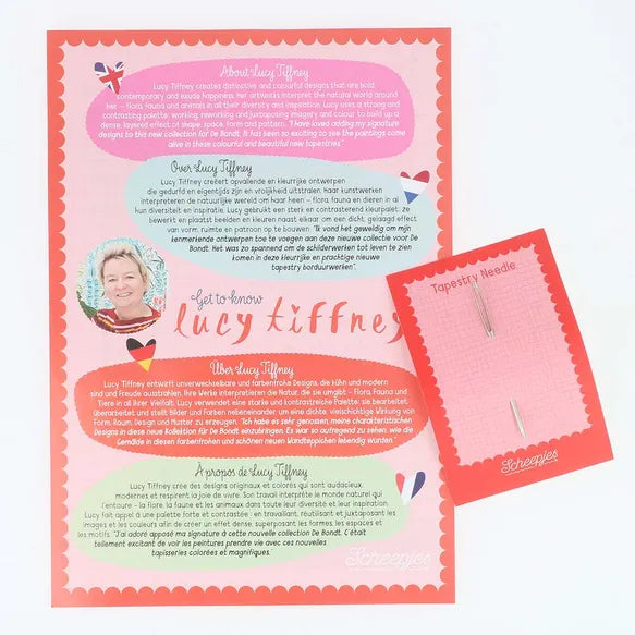 Product packaging with a pink card featuring text and a smaller card with a needle on a white background