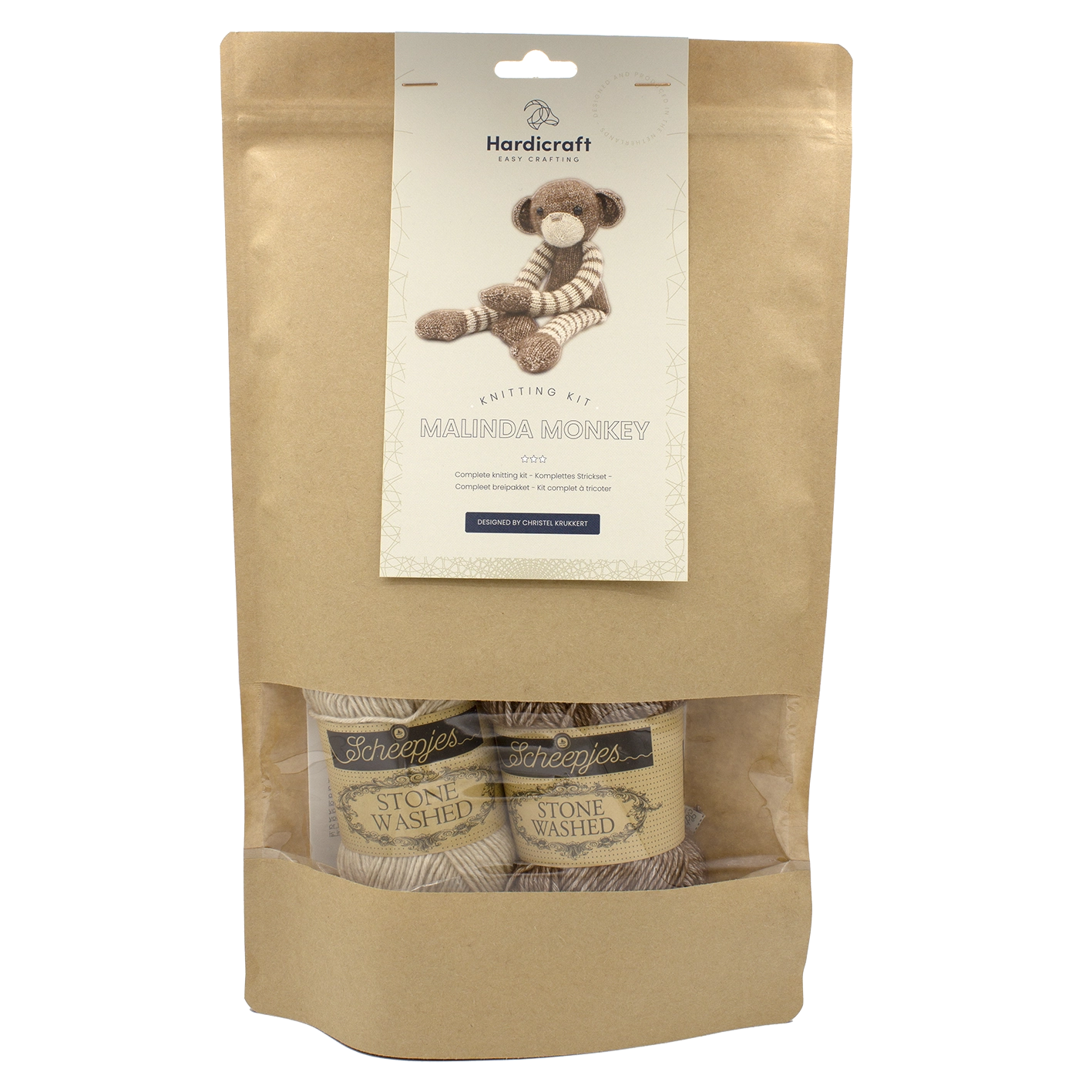 Kraft paper packaging with a label and window revealing brown coloured yarn on a white background