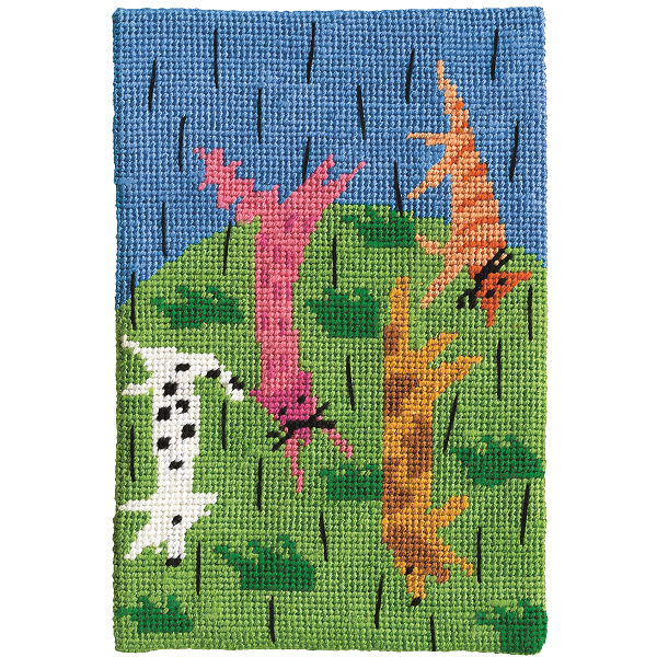 Unframed colourful needlepoint postcard depicting a raining cats and dogs