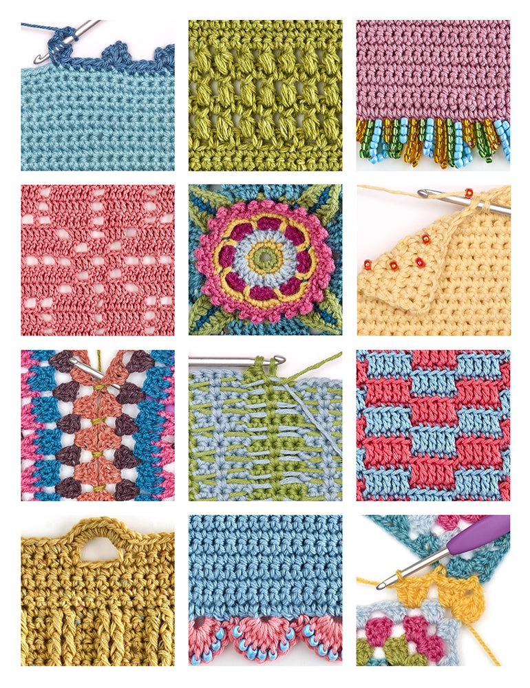 Collage of various crochet patterns and stitches as shown in the complete crochet handbook