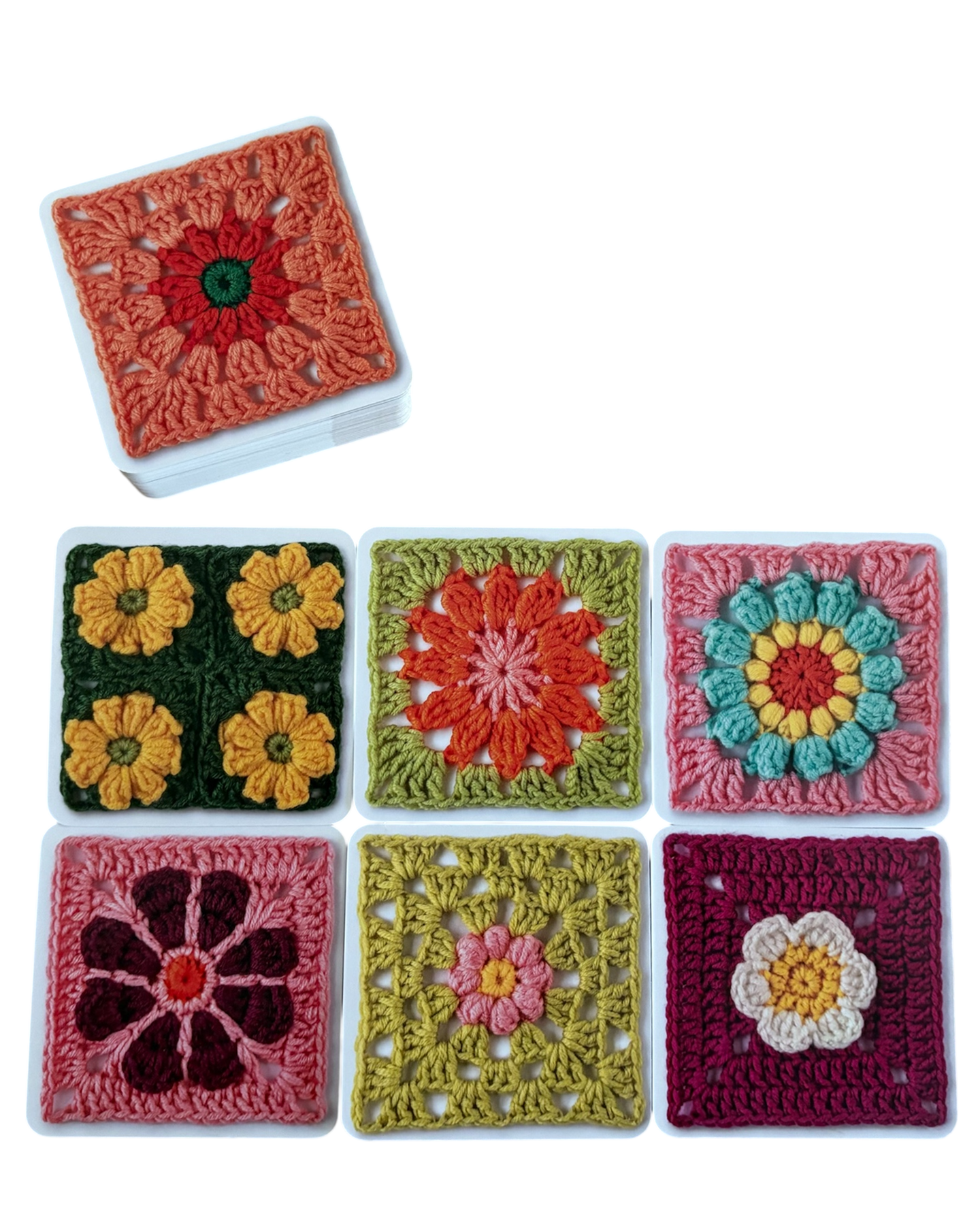 Collage of colourful crocheted granny squares with floral patterns on a white background.
