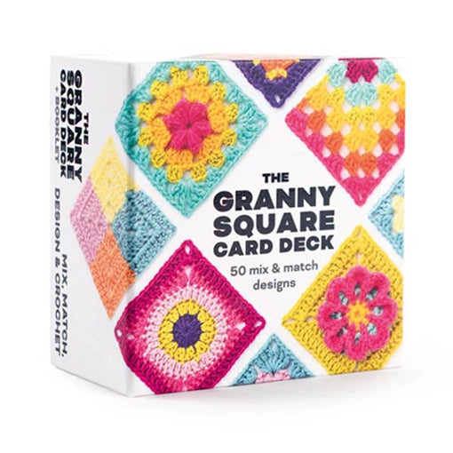 Granny Square card deck packaging with colorful granny squares on a white background