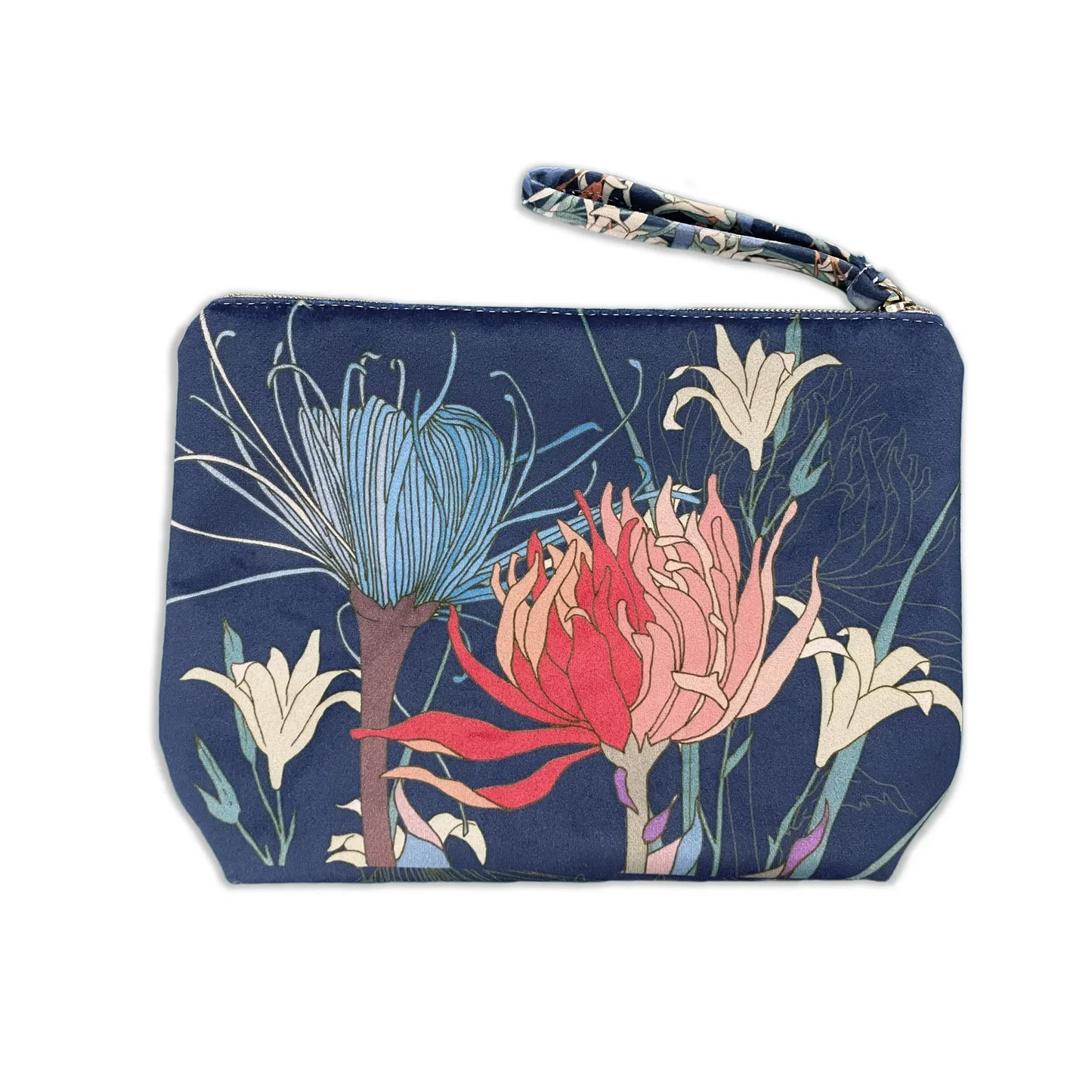 Velvet pouch with floral design featuring pink, orange, and blue flowers on a navy background