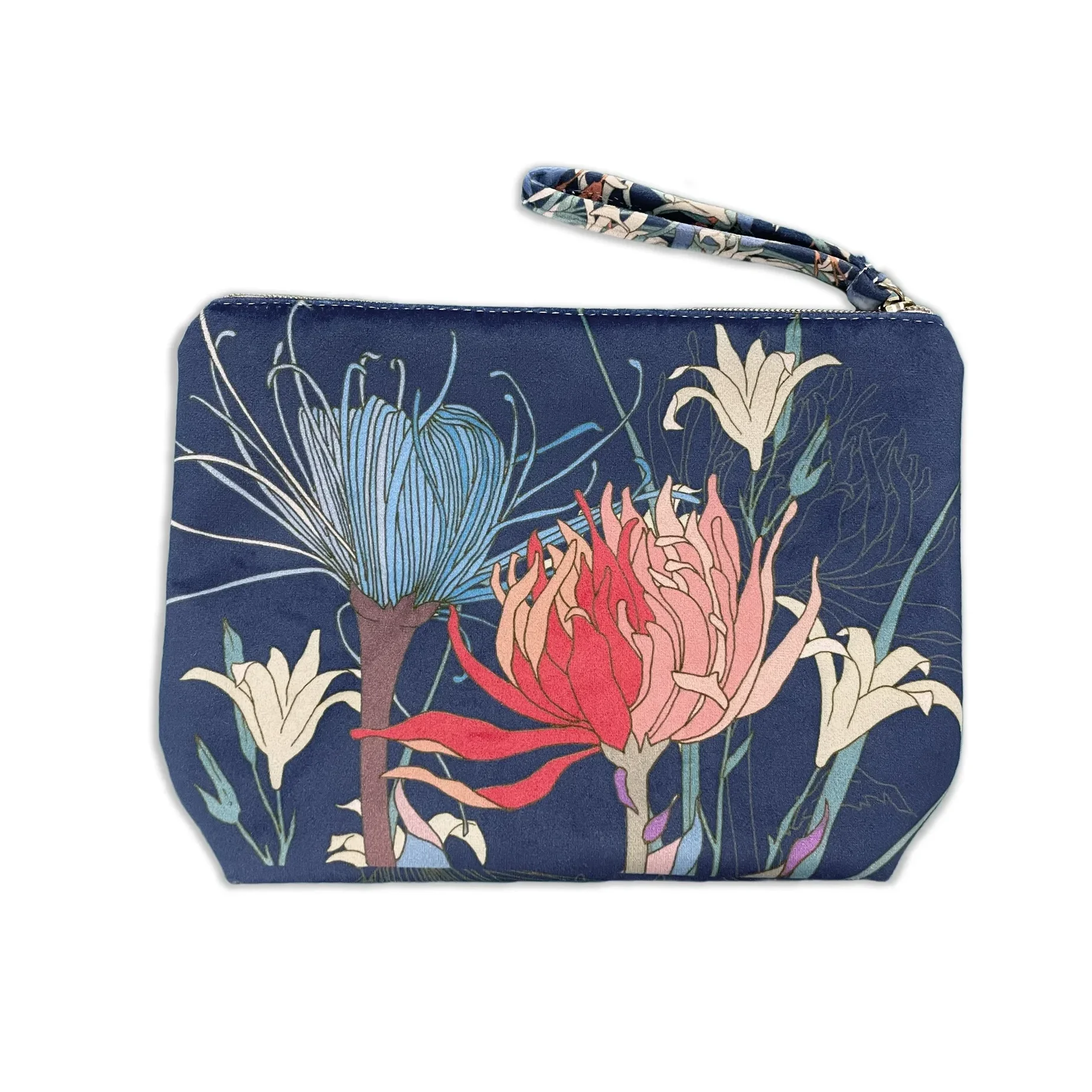 Velvet pouch with floral design featuring pink, orange, and blue flowers on a navy background