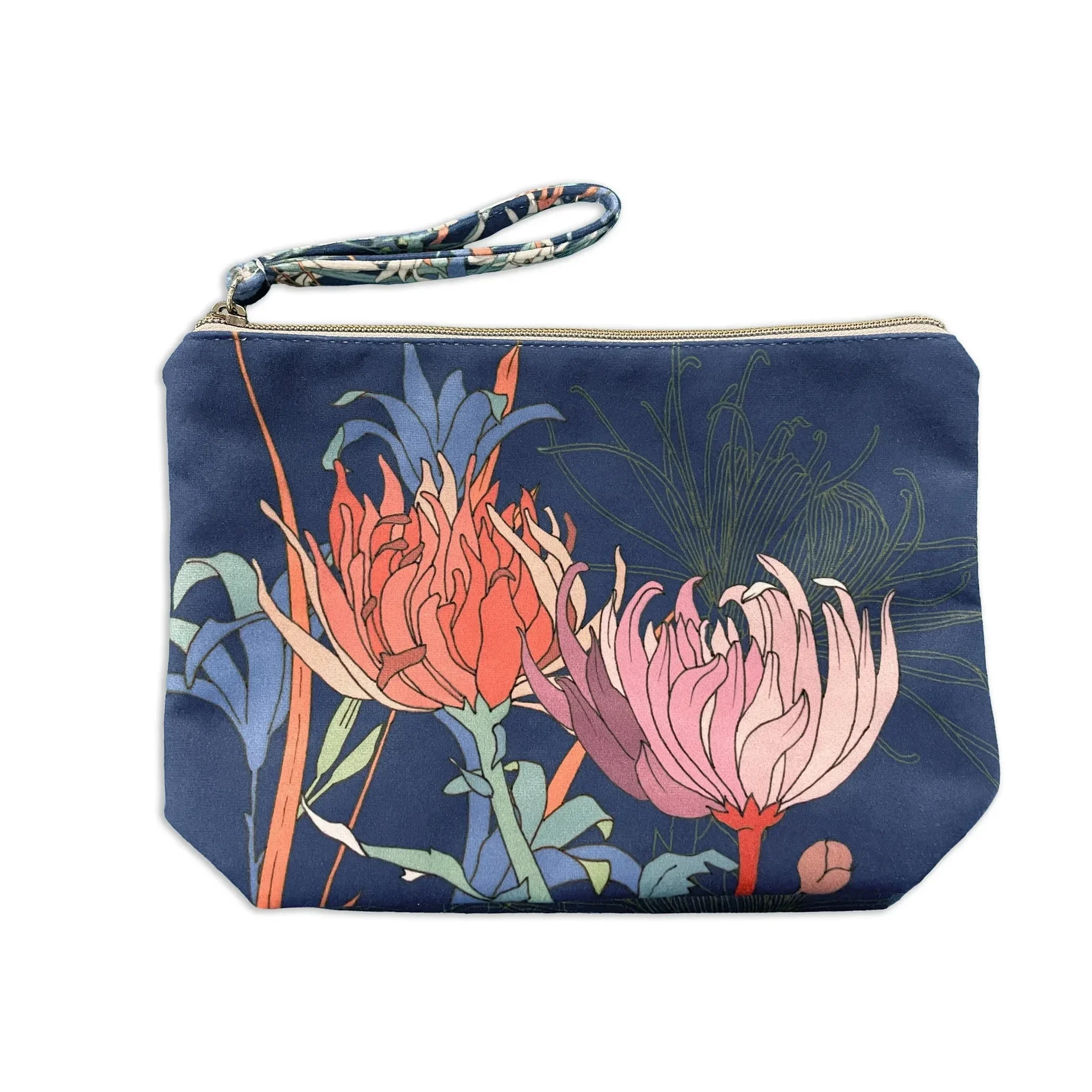 Velvet pouch with floral design featuring pink, orange, and blue flowers on a navy background