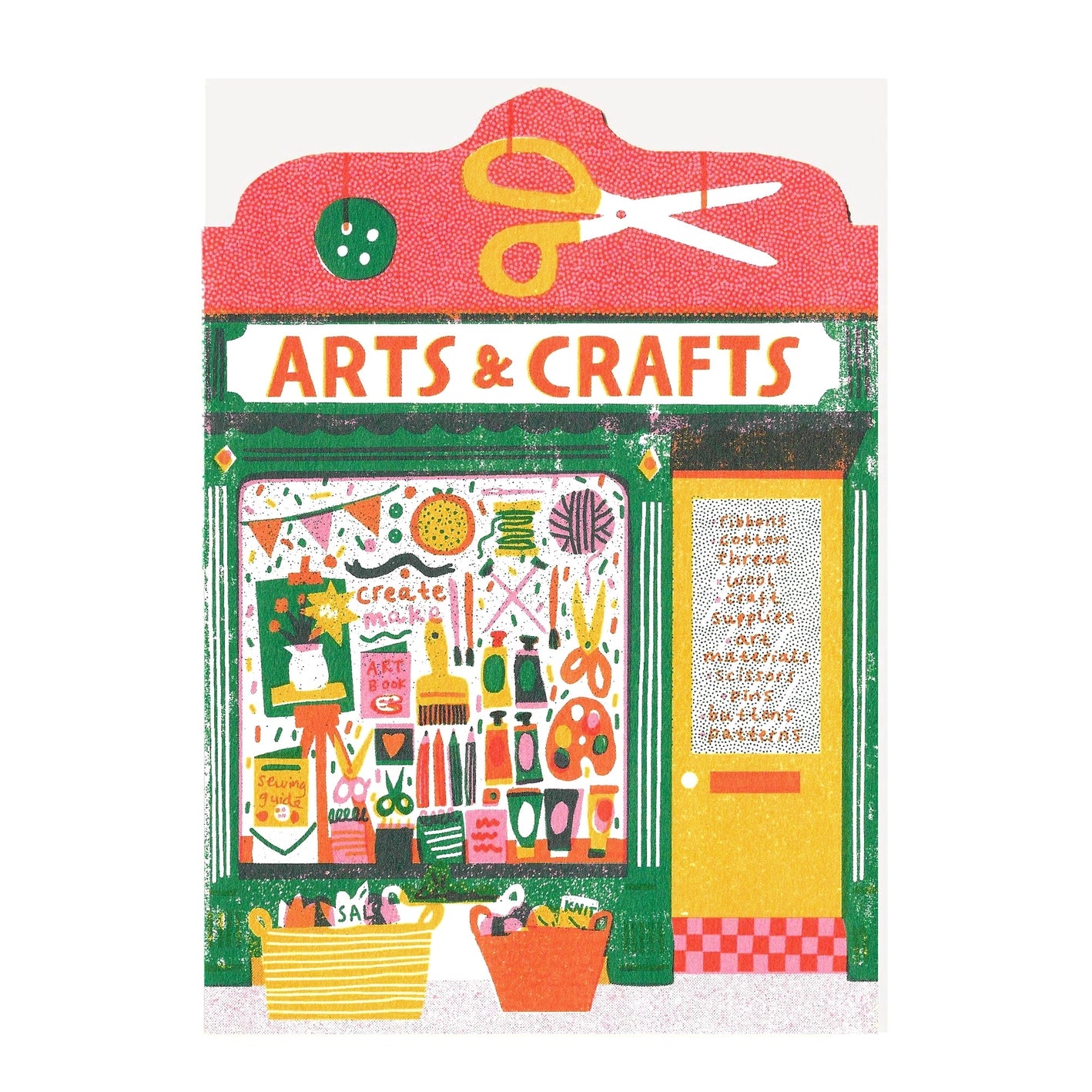 A colourful note card depicting an arts and crafts store front with various craft supplies and tools displayed