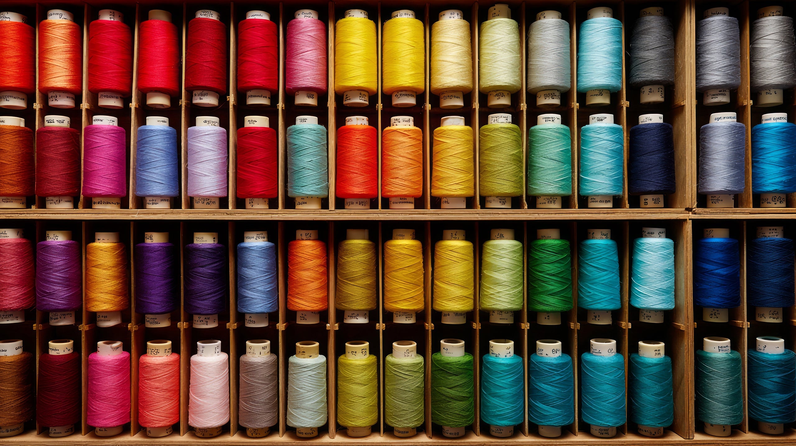Wooden box filled with colorful spools of thread arranged in rows.
