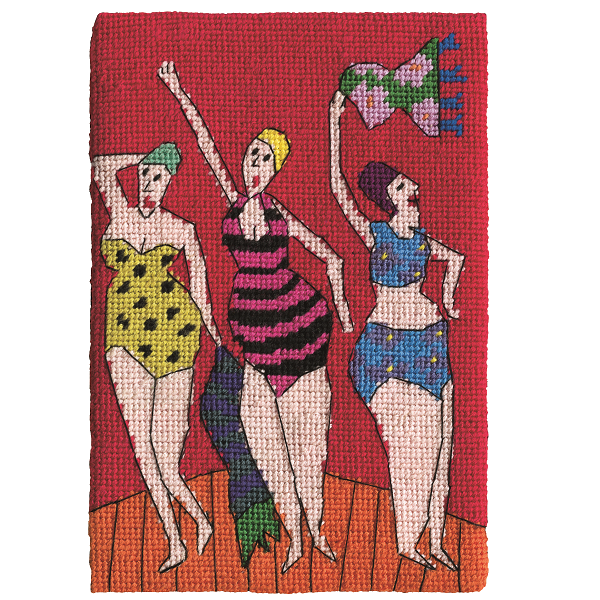 Unframed needlepoint postcard of women in brightly coloured bathing costumes and caps, waving towels on a boardwalk, on a red background