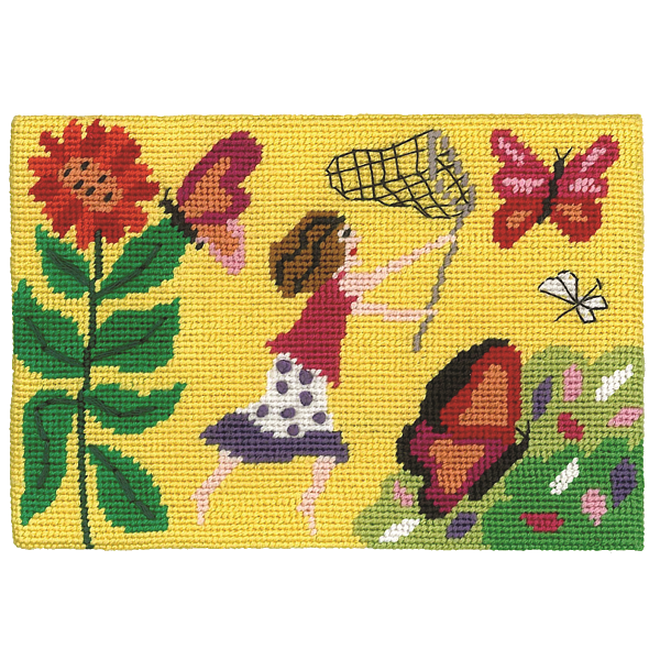 Unframed needlepoint postcard of a woman running in a colourful garden with a butterfly net, on a yellow background
