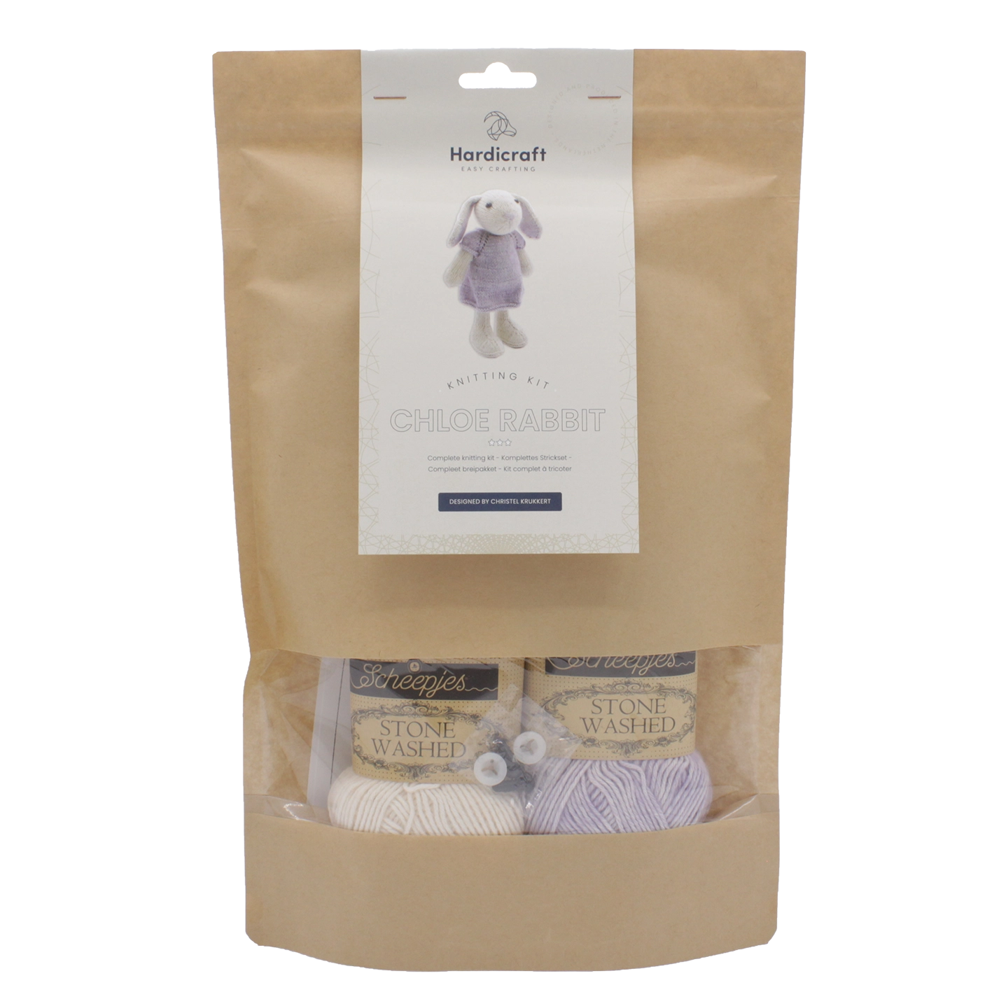 Kraft paper packaging with a label and window revealing cream and mauve coloured yarn on a white background