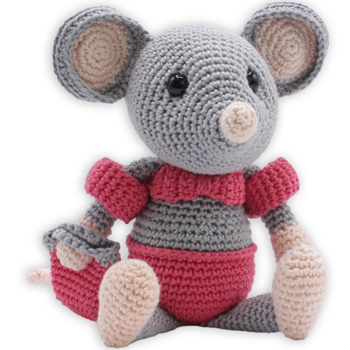 Crocheted grey and pink mouse toy wearing a pink bikini and armbands on a white background