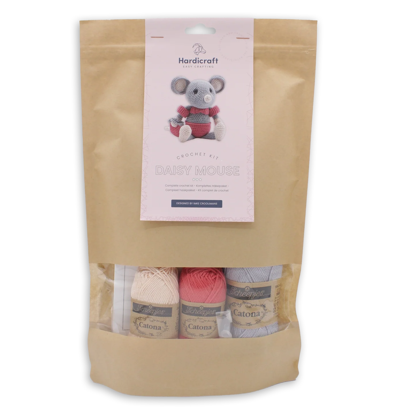 Kraft paper packaging with a label and window revealing grey and pink coloured yarn on a white background