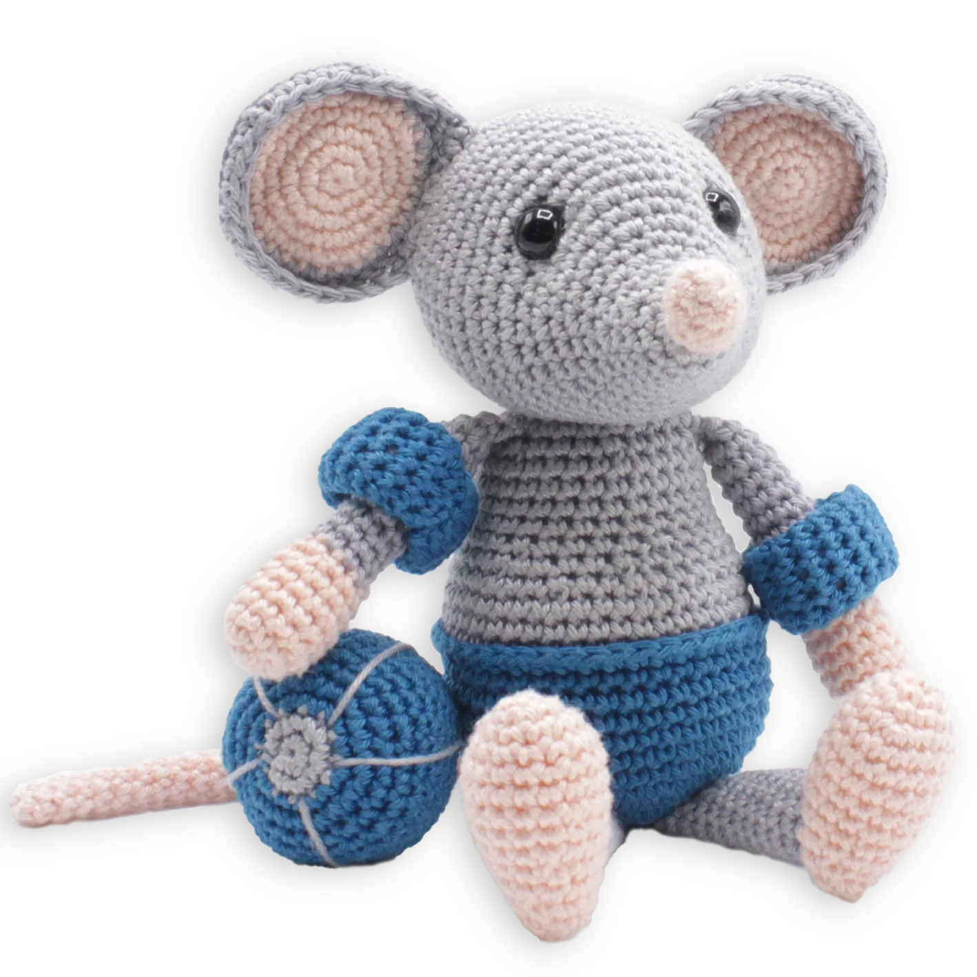 Crocheted mouse toy wearing a blue swimsuit and armbands, with a blue ball on a white background