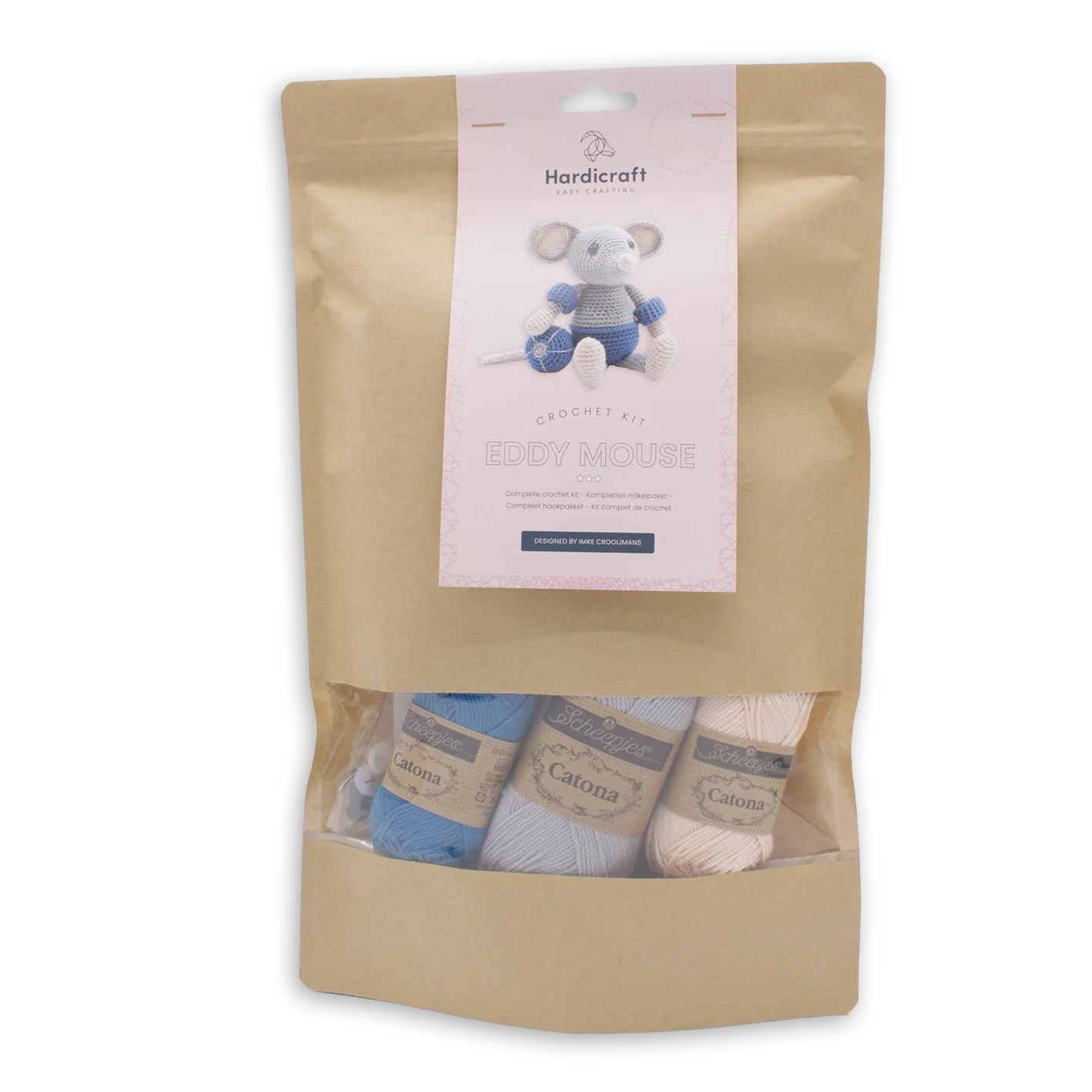 Kraft paper packaging with a label and window revealing blue, grey and pink coloured yarn on a white background
