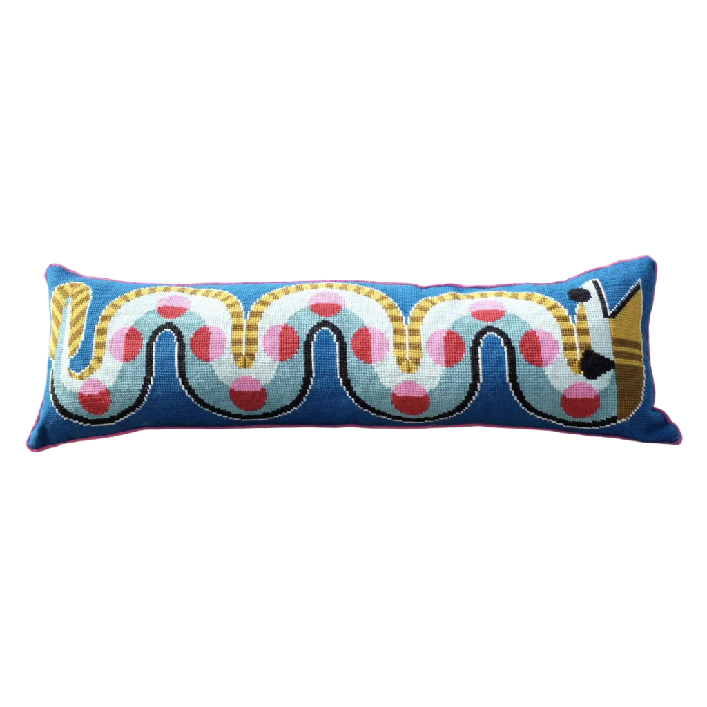 Cross stitch cushion featuring a coiled eel design in blue, green and pink