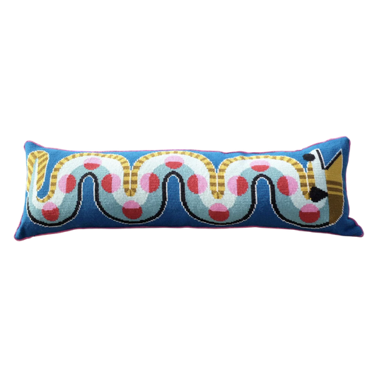 Cross stitch cushion featuring a coiled eel design in blue, green and pink