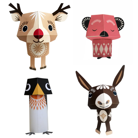 Four paper decorations of a reindeer, penguin, mouse and donkey, on a white background