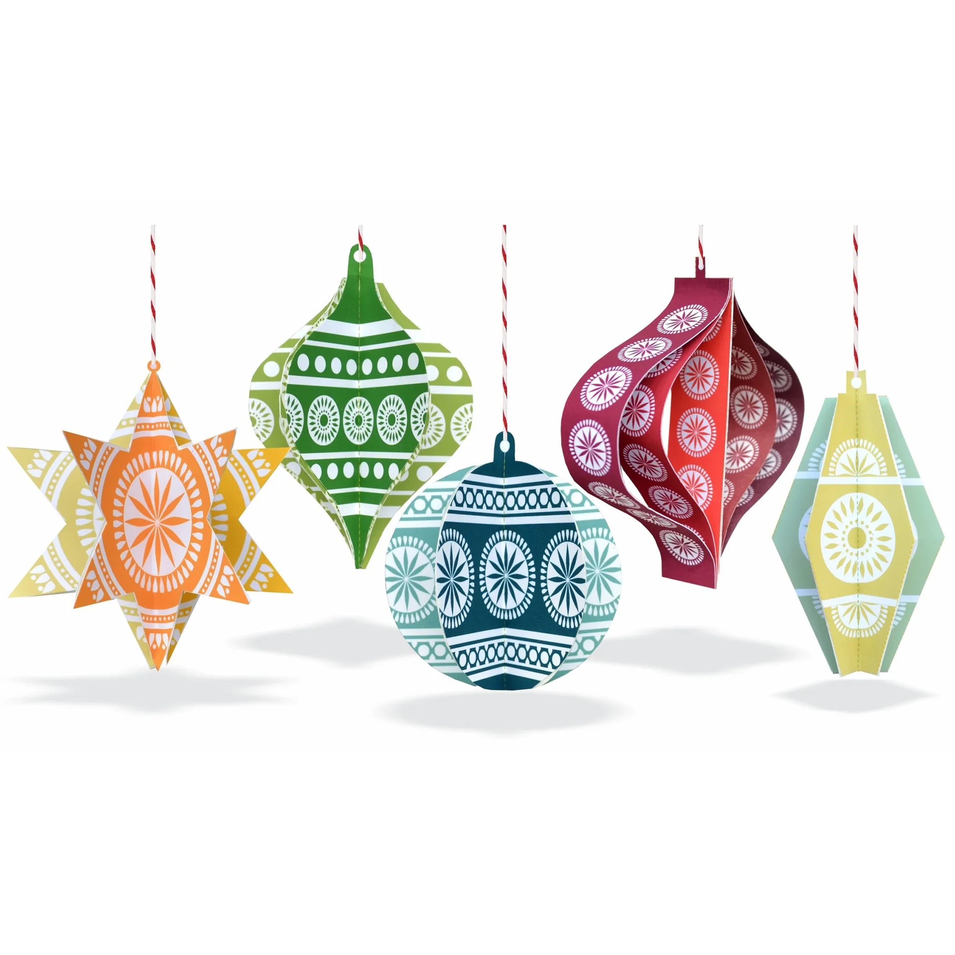 Colourful paper ornaments printed with geometric designs on a white background