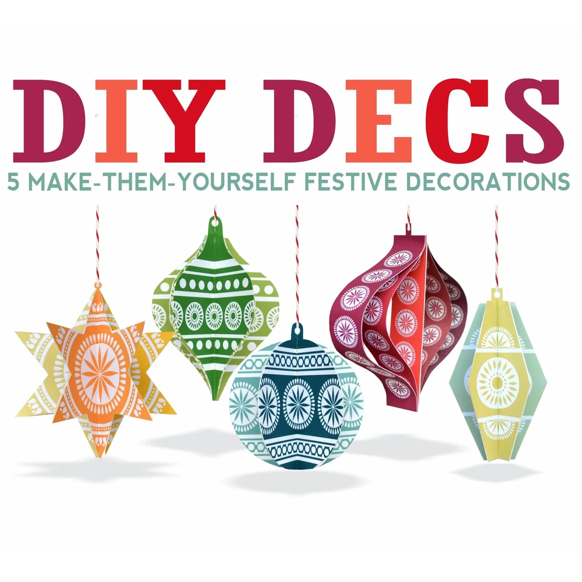 Front of packaging for colourful festive paper decorations, with DIY DECS and 5 make-them-yourself festive decorations text, on a white background