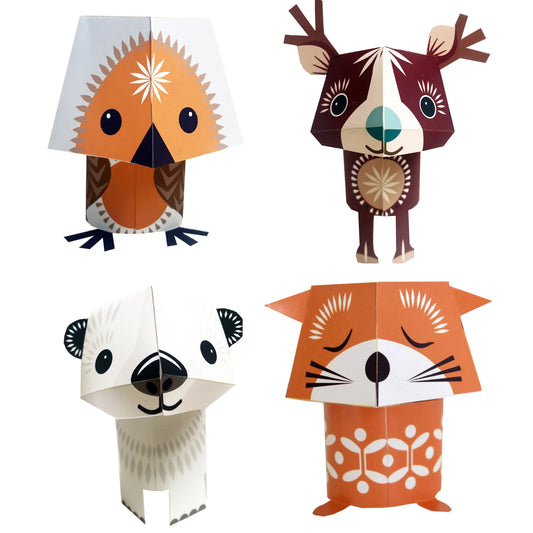 Four paper model decorations—a robin, reindeer, polar bear, and cat—on a white background