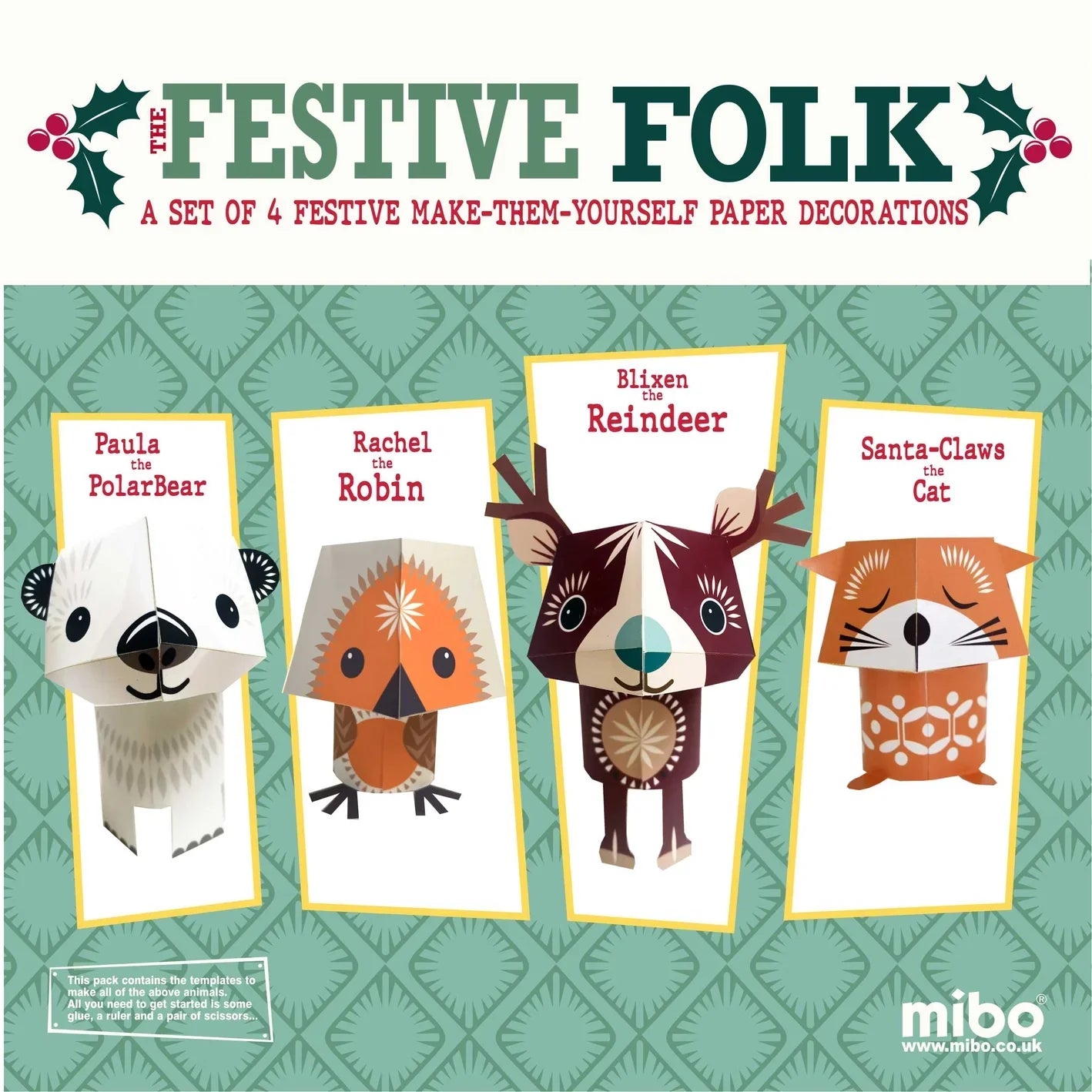 Packaging for a set of four paper model decorations—a polar bear, robin, reindeer, and cat—on a decorative green background