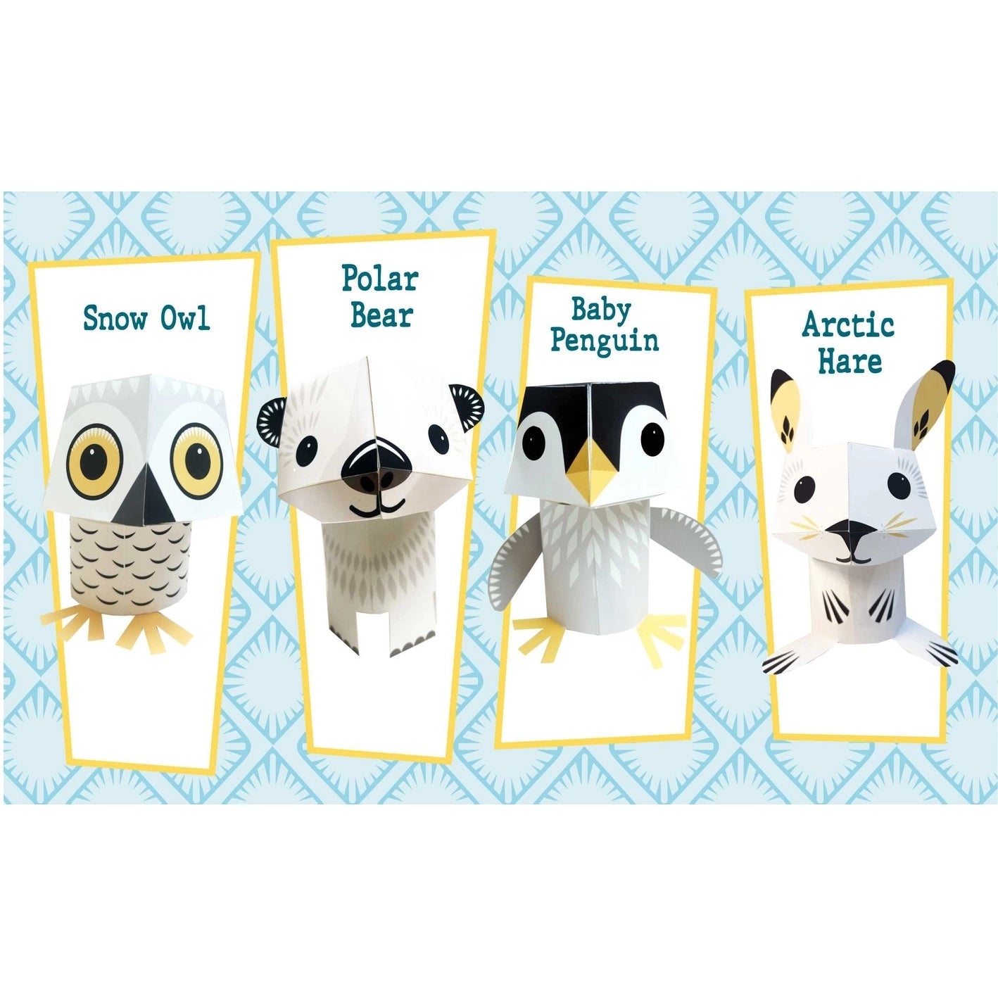 Four paper cut-out polar animals—Snow Owl, Polar Bear, Baby Penguin, and Arctic Hare—on a blue patterned background