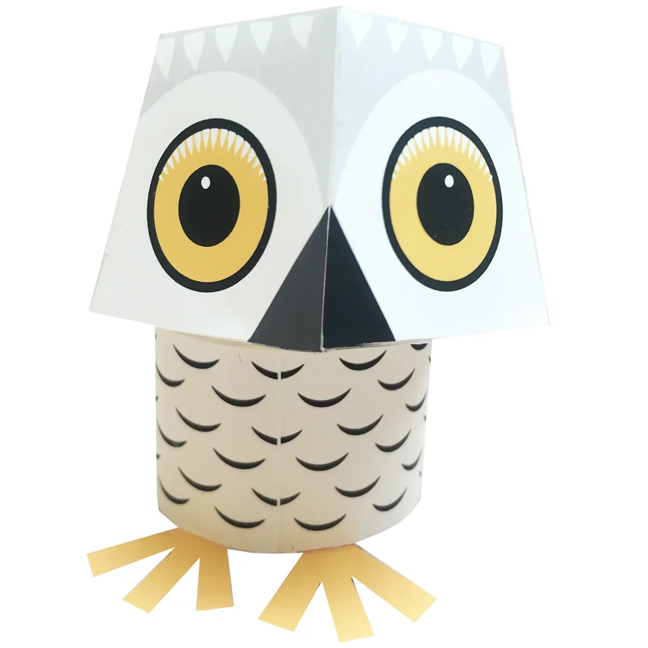 Paper decoration of a snow owl with black and yellow eyes and yellow feet, on a white background