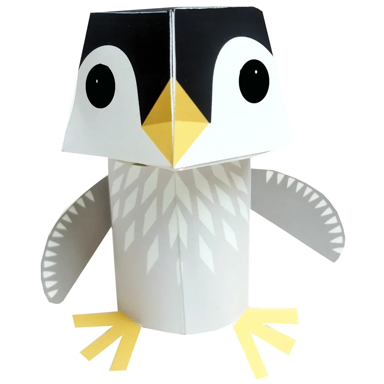 Paper decoration of a baby penguin with black eyes and yellow nose and feet on a white background