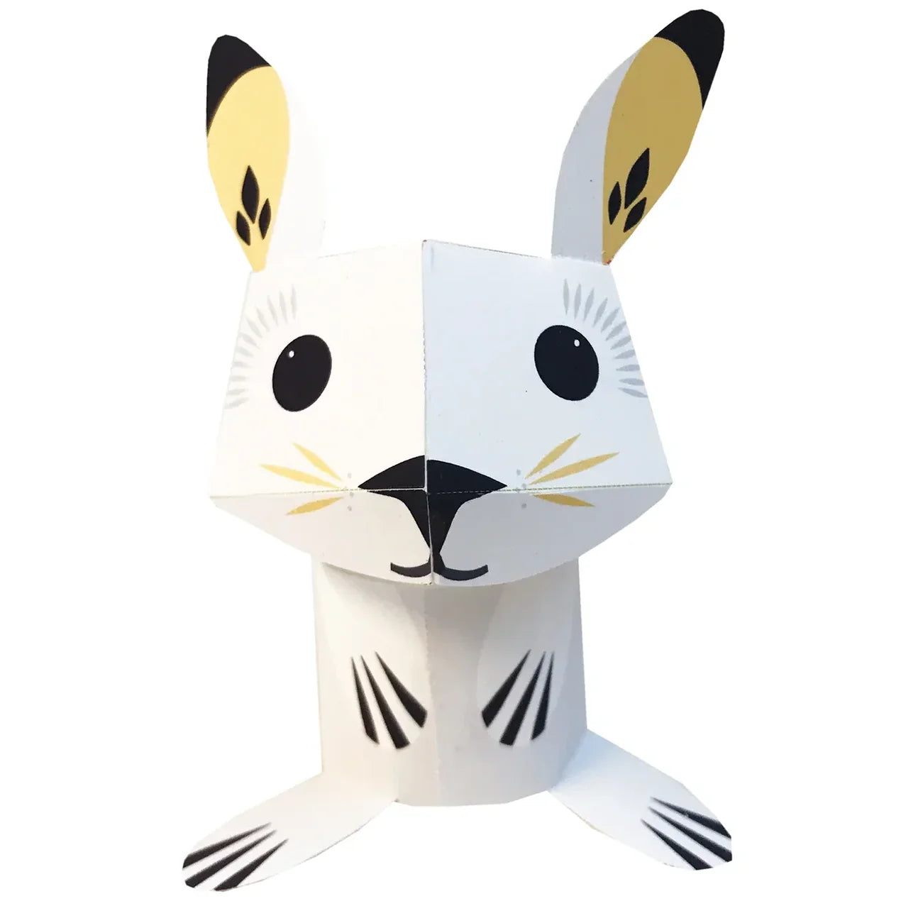 Paper decoration of an Arctic hare with black eyes and nose, yellow ears and whiskers, on a white background