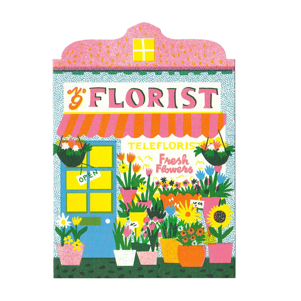 Illustrated note card featuring a colourful florist shop front with pots and vases full of flowers