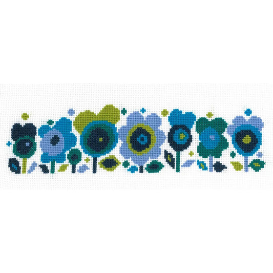Retro 1970s-style cross stitch flowers in blue, teal, and lime on white counted linen
