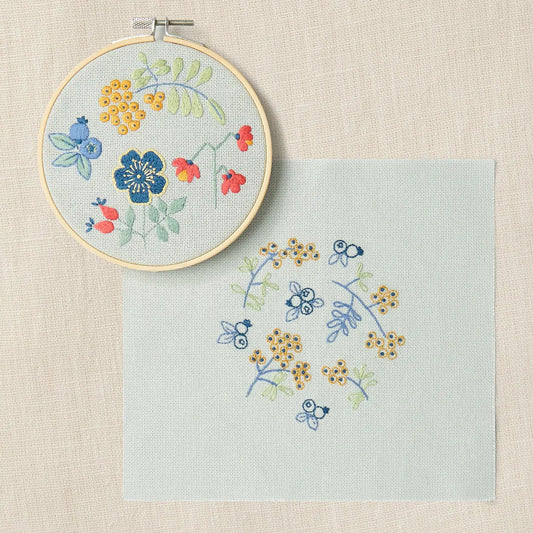 Embroidery hoop with completed botanical design and coordinating design on light background
