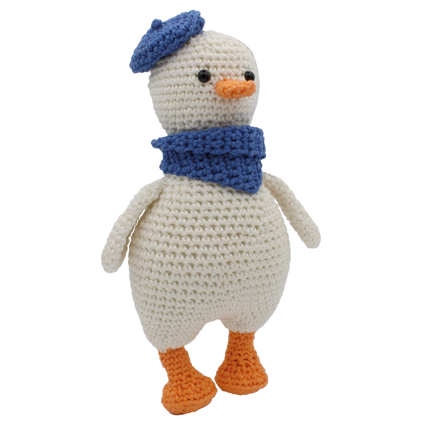 Crocheted white goose soft toy wearing a blue beret and blue scarf on a white background