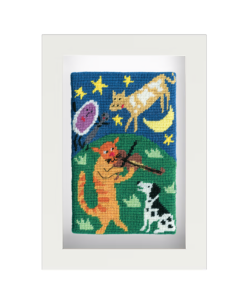 Colourful needlepoint postcard depicting the Hey Diddle Diddle nursery rhyme, framed in white