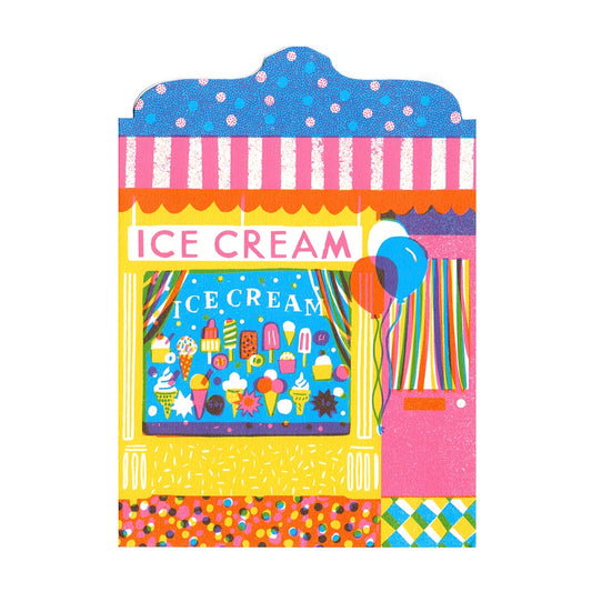 Illustrated note card featuring colourful ice cream store front