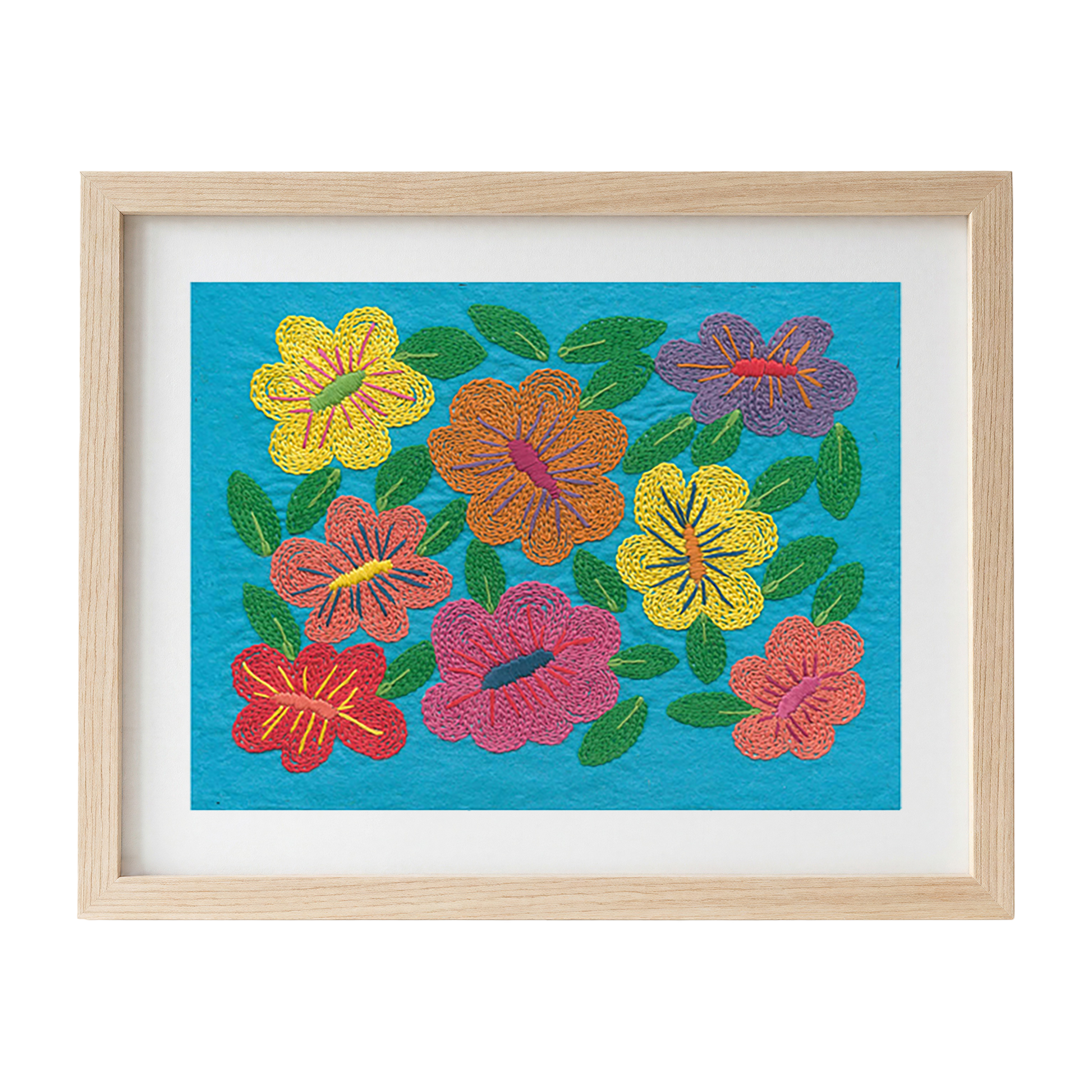 Framed embroidered artwork with colourful tropical flowers on a turquoise felt background