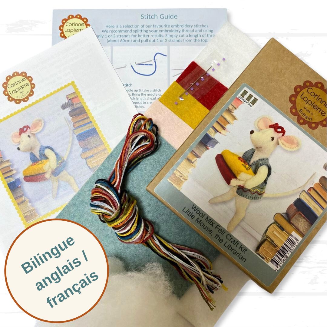 Contents of the librarian  felt craft kit, including packaging, felt pieces, embroidery floss, toy filling, needle, and instruction booklet