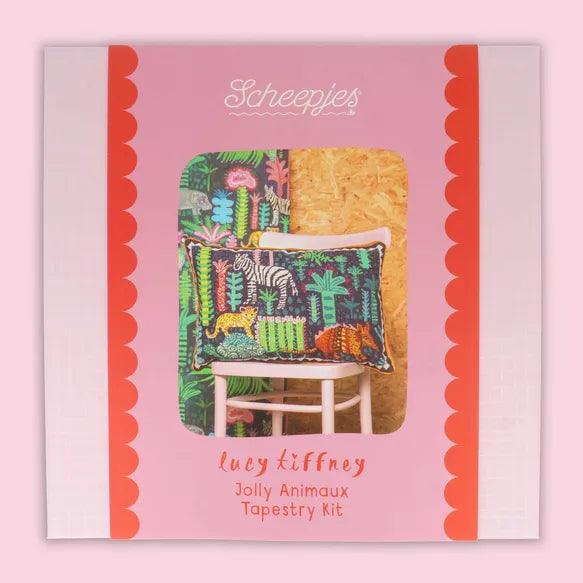 Lucy Tiffney, Scheepjes needlepoint kit packaging with colourful animal-themed design on a pink background