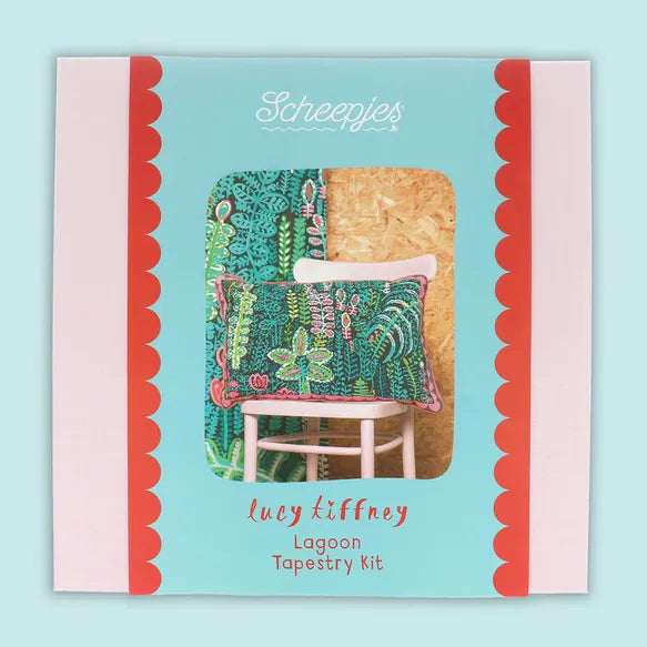 Lagoon needlepoint kit box with Lucy Tiffney and Scheepjes branding on a light blue background
