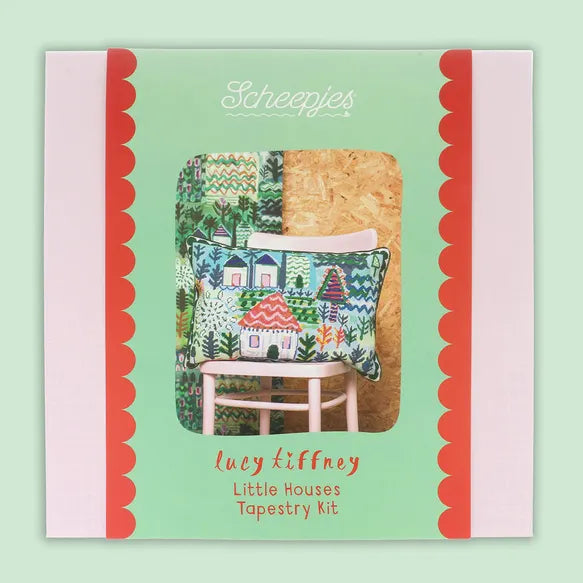 Lucy Tiffney, Scheepjes needlepoint kit packaging with "Little Houses" design on a green background