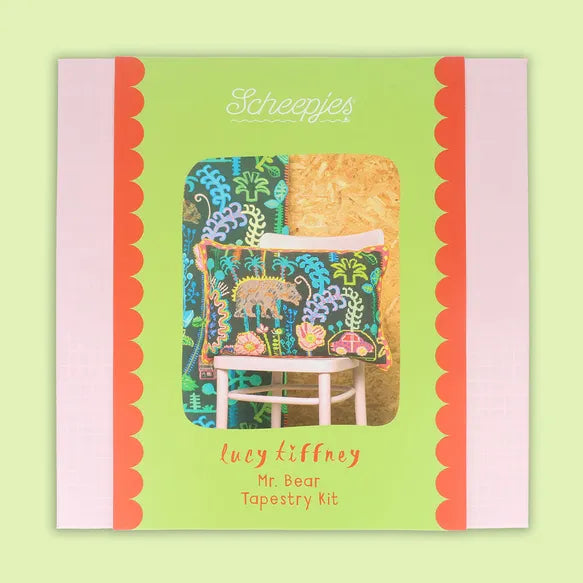Lucy Tiffney, Scheepjes needlepoint kit packaging with "Mr Bear" design on a green background