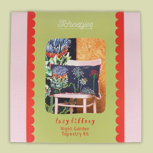 Lucy Tiffney, Scheepjes kit packaging with a window displaying needlepoint cushion on a light green background