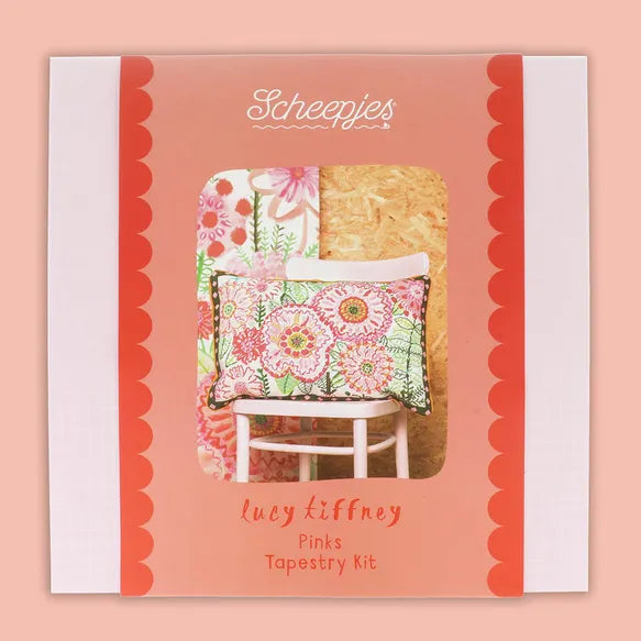 Lucy Tiffney, Scheepjes "Pinks" needlepoint kit packaging on a peach background