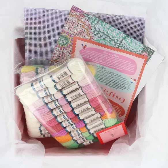 Packaged needlepoint kit with colourful yarn skeins and patterned paper on a white background