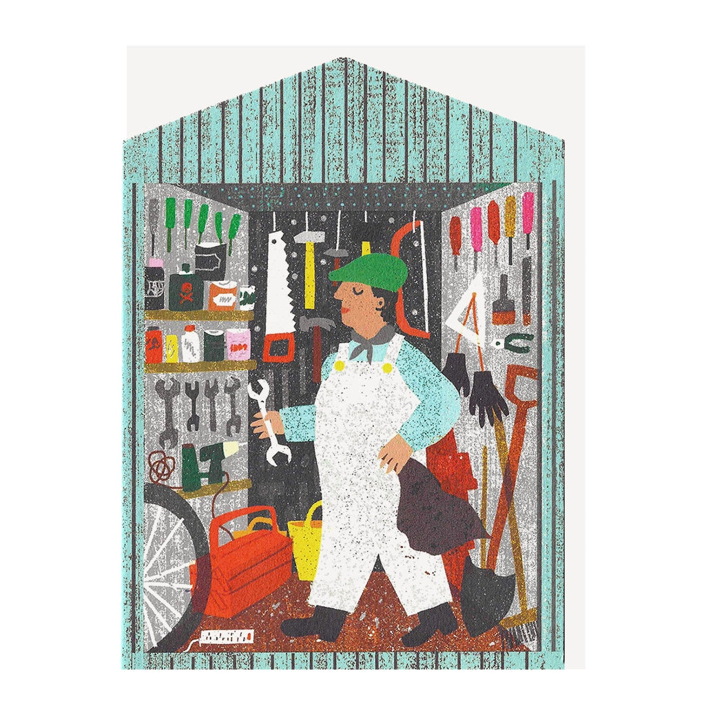 Illustrated note card featuring a man wearing white overalls and a blue shirt in a shed full of different brightly coloured tools, set against a white background